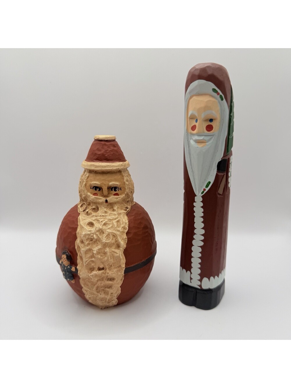 Vintage Rollie Pollie Santa Carrying Doll And Wooden Stick Santa Lot Of 2